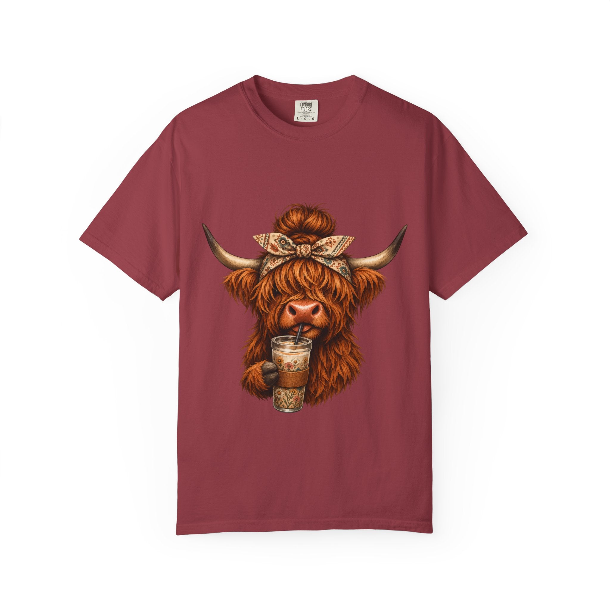 Highland Cow Coffee T-Shirt – Cute Scottish Cow Holding Coffee Graphic Tee