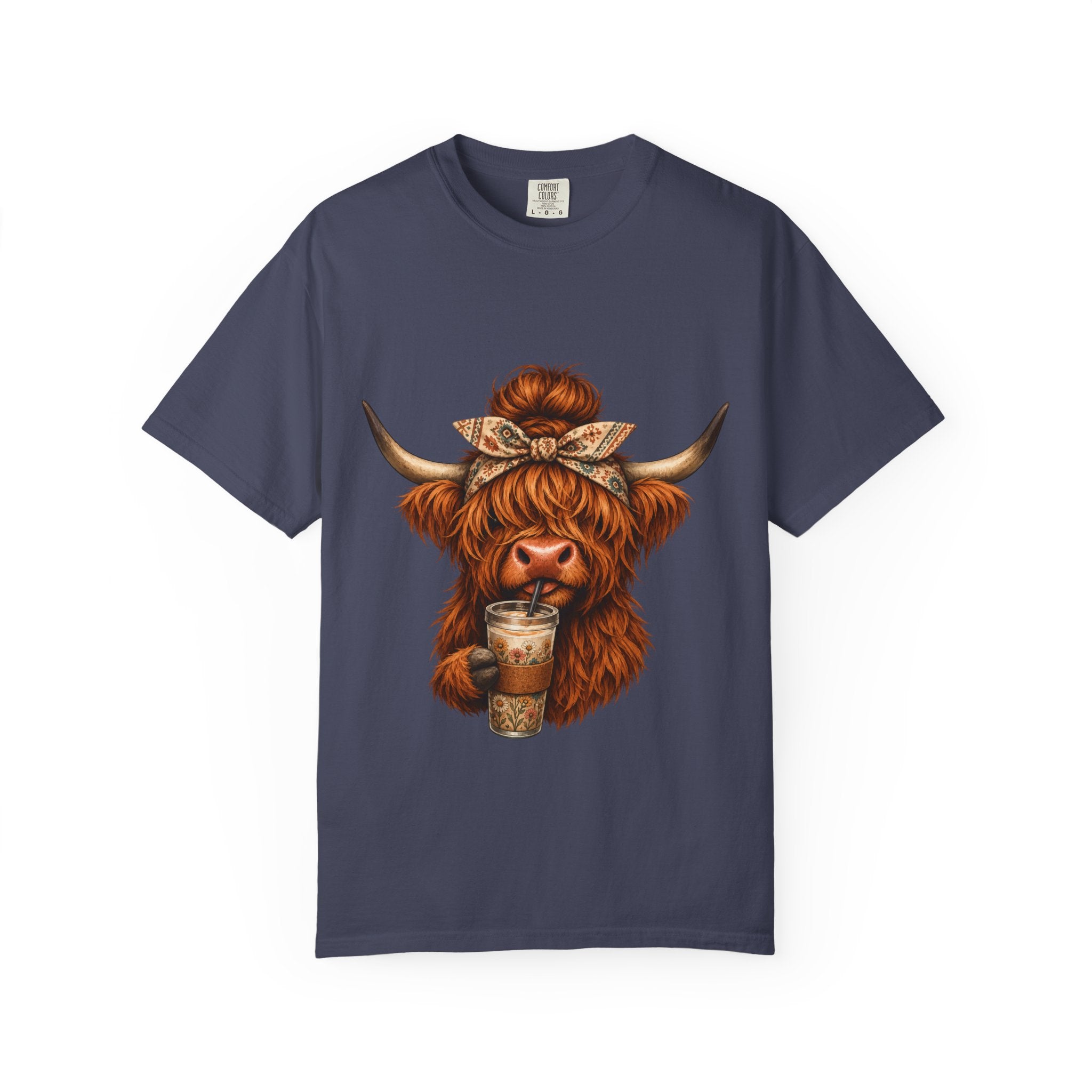 Highland Cow Coffee T-Shirt – Cute Scottish Cow Holding Coffee Graphic Tee