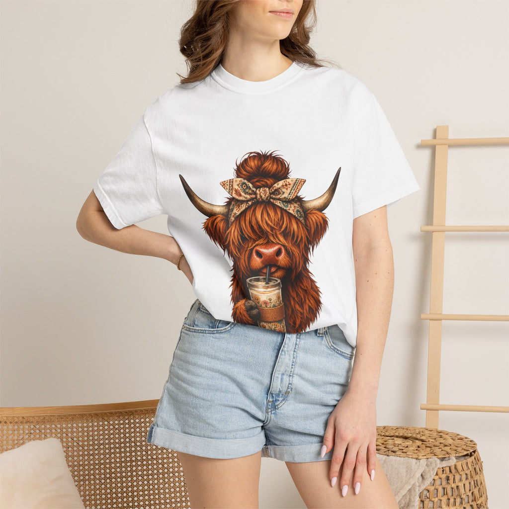 Highland Cow Coffee T-Shirt – Cute Scottish Cow Holding Coffee Graphic Tee