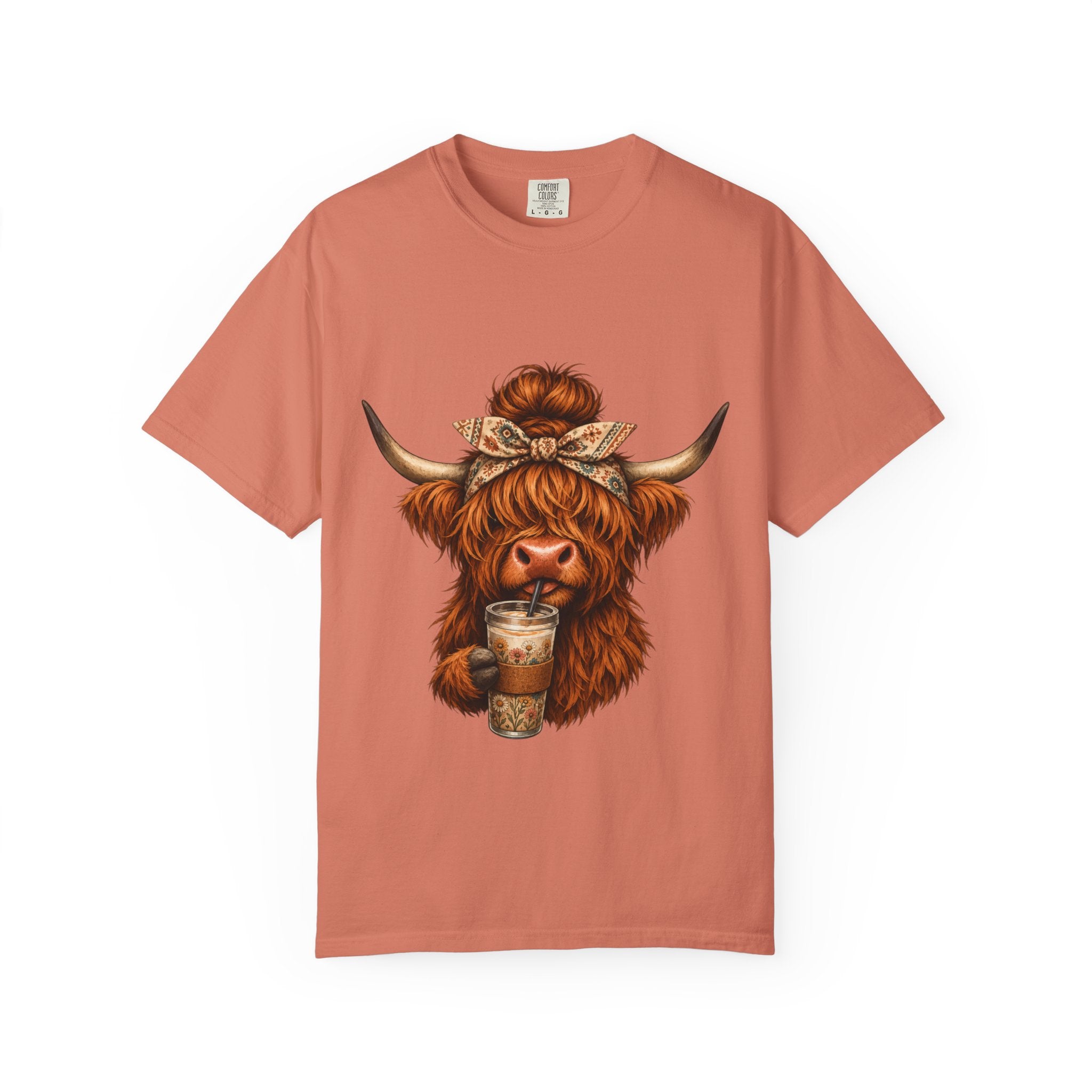 Highland Cow Coffee T-Shirt – Cute Scottish Cow Holding Coffee Graphic Tee