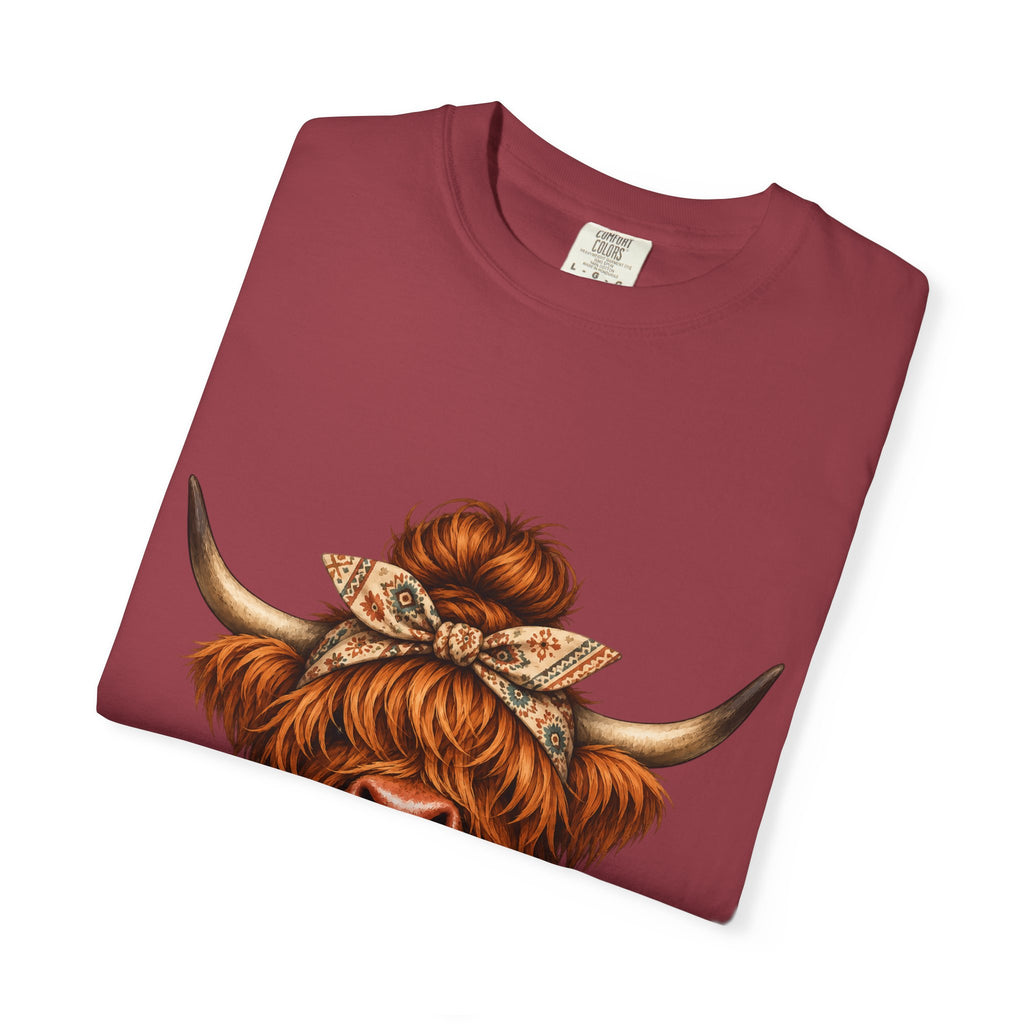 Highland Cow Coffee T-Shirt – Cute Scottish Cow Holding Coffee Graphic Tee
