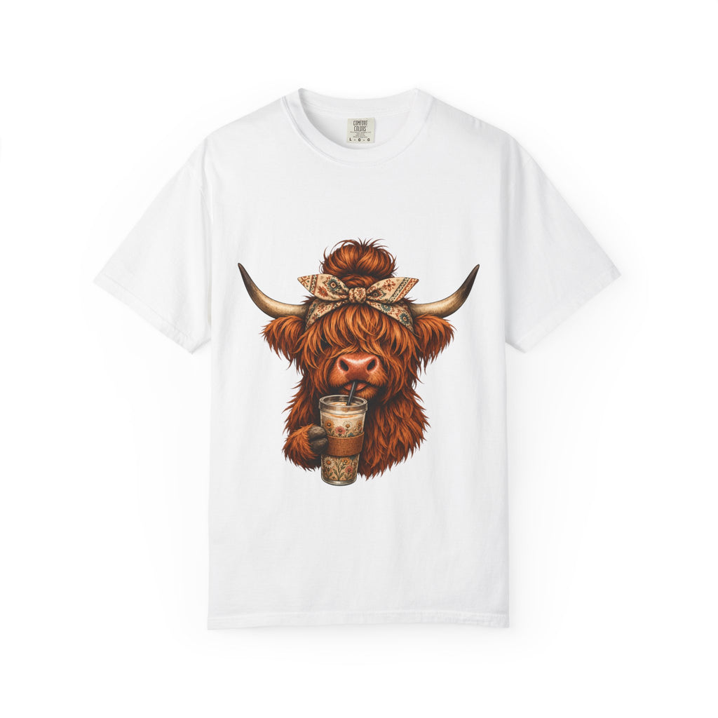 Highland Cow Coffee T-Shirt – Cute Scottish Cow Holding Coffee Graphic Tee