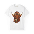 Highland Cow Coffee T-Shirt – Cute Scottish Cow Holding Coffee Graphic Tee