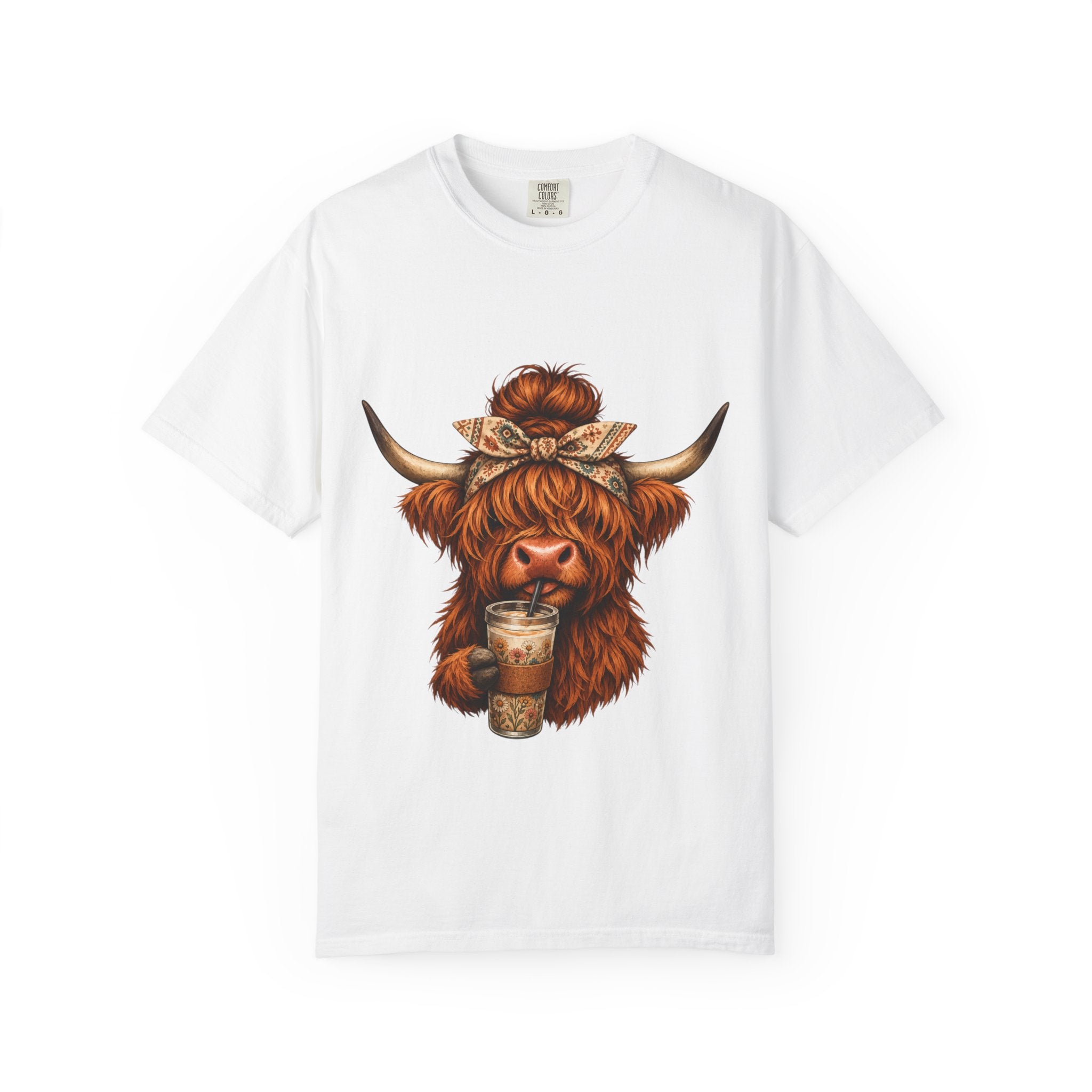 Highland Cow Coffee T-Shirt – Cute Scottish Cow Holding Coffee Graphic Tee