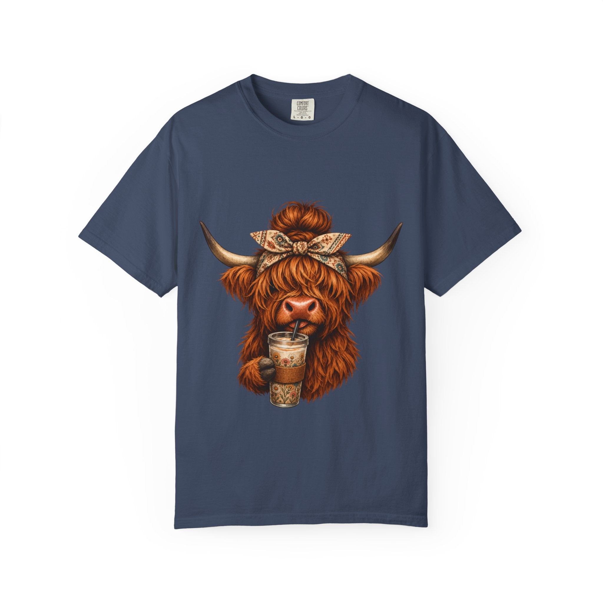 Highland Cow Coffee T-Shirt – Cute Scottish Cow Holding Coffee Graphic Tee