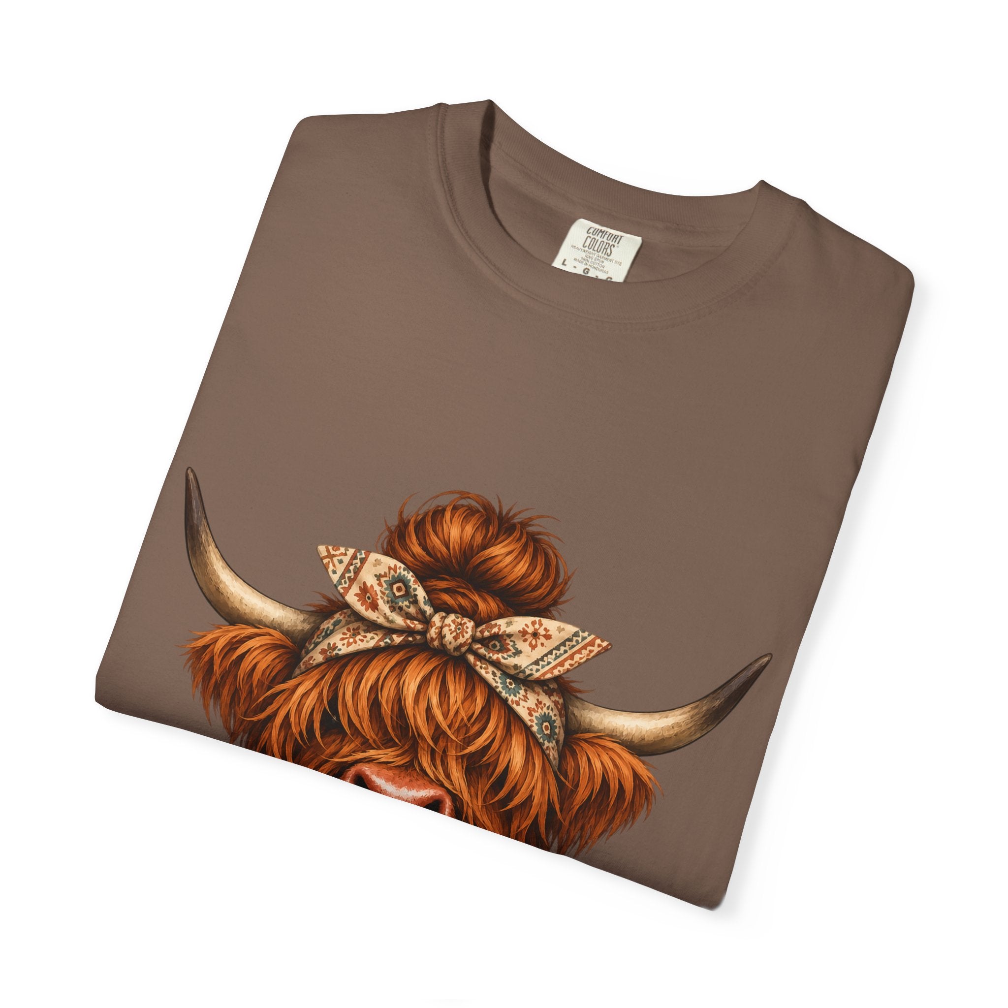 Highland Cow Coffee T-Shirt – Cute Scottish Cow Holding Coffee Graphic Tee