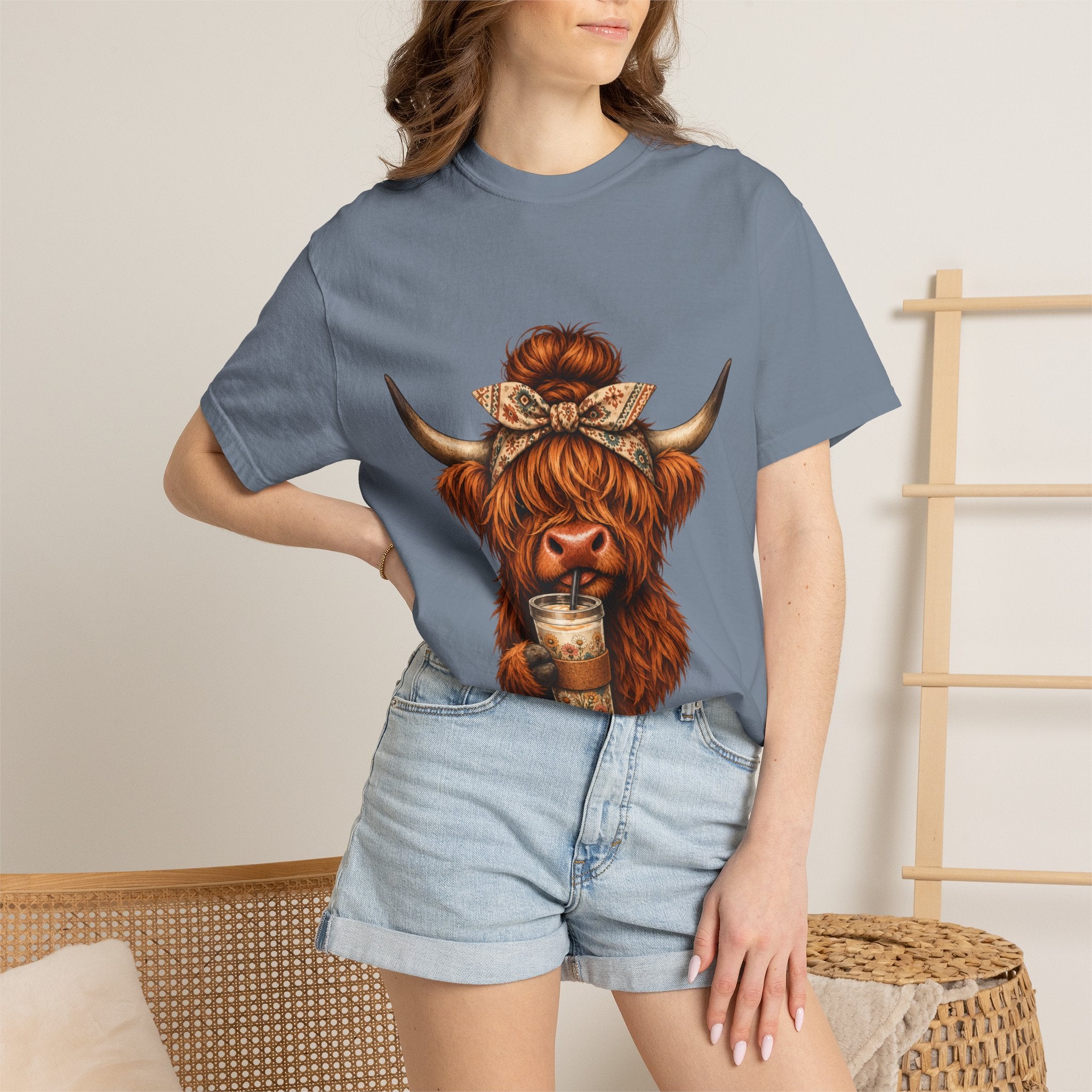 Highland Cow Coffee T-Shirt – Cute Scottish Cow Holding Coffee Graphic Tee