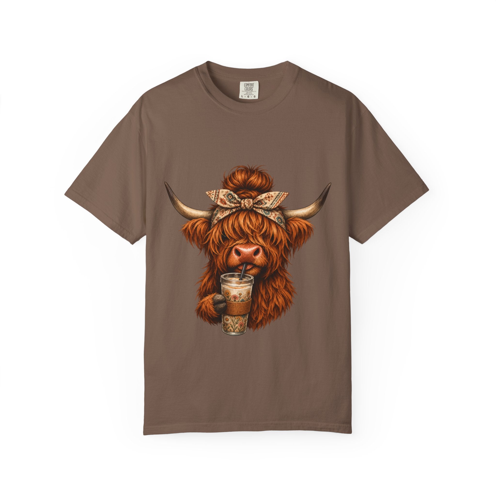 Highland Cow Coffee T-Shirt – Cute Scottish Cow Holding Coffee Graphic Tee