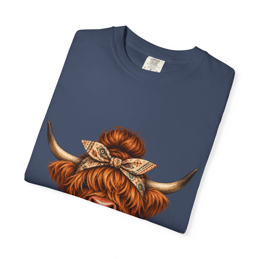 Highland Cow Coffee T-Shirt – Cute Scottish Cow Holding Coffee Graphic Tee
