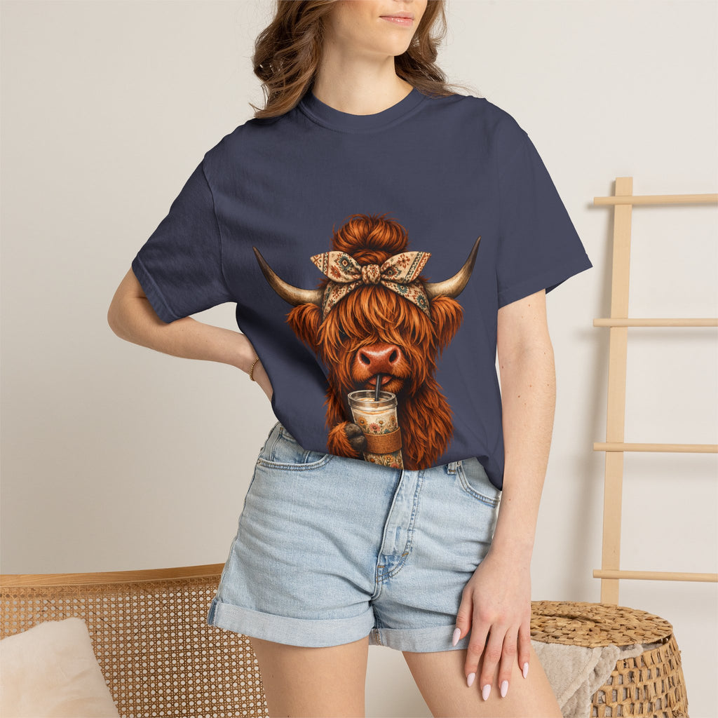 Highland Cow Coffee T-Shirt – Cute Scottish Cow Holding Coffee Graphic Tee