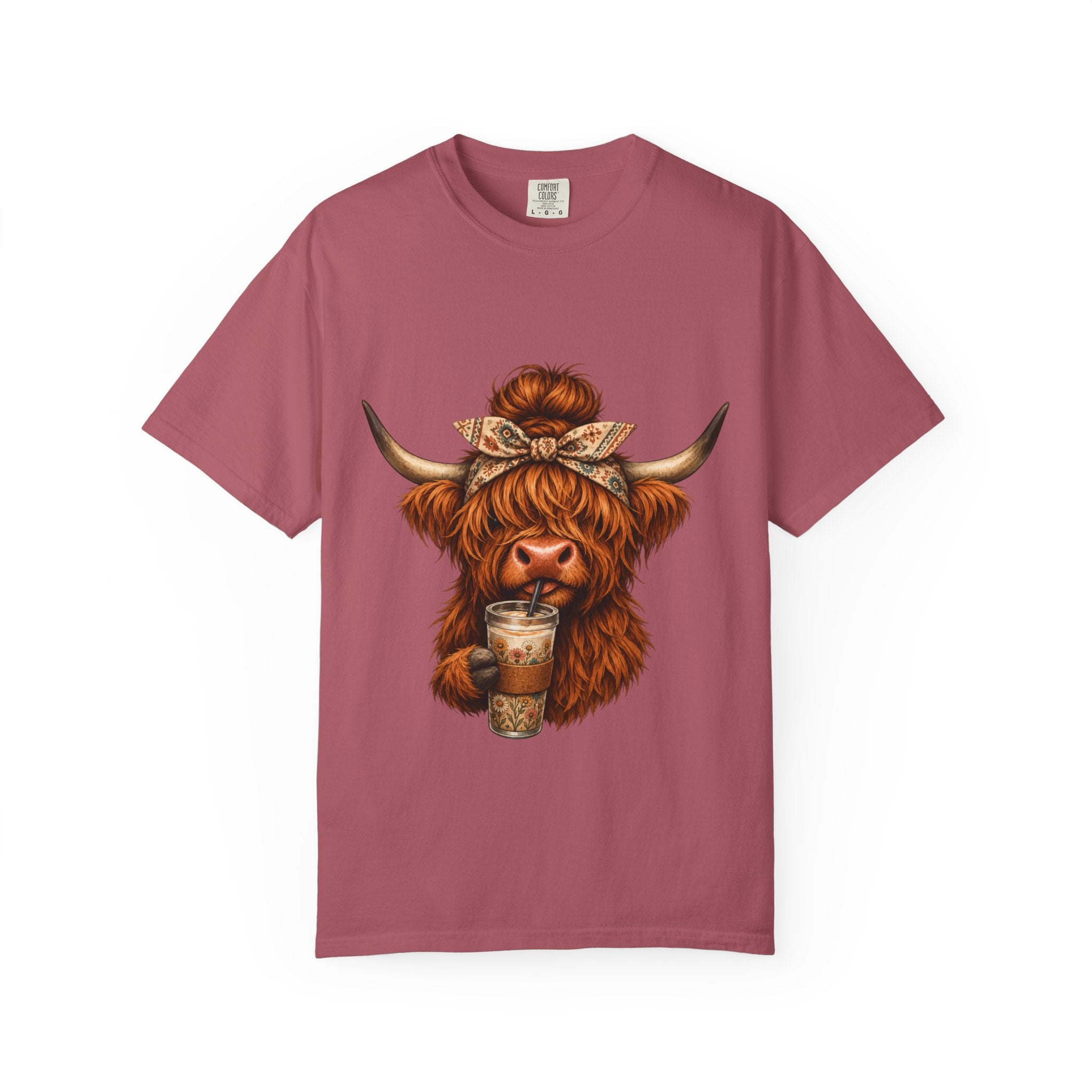 Highland Cow Coffee T-Shirt – Cute Scottish Cow Holding Coffee Graphic Tee
