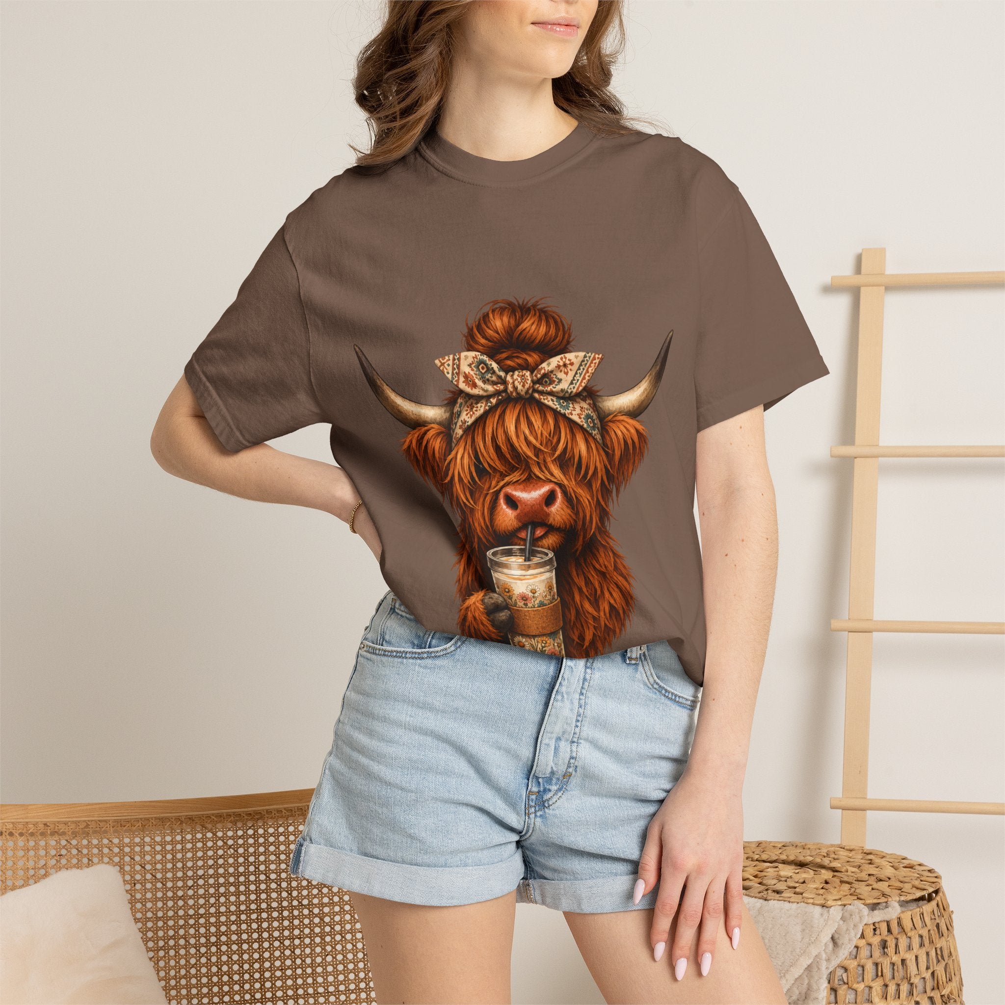 Highland Cow Coffee T-Shirt – Cute Scottish Cow Holding Coffee Graphic Tee