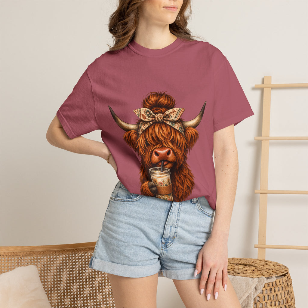 Highland Cow Coffee T-Shirt – Cute Scottish Cow Holding Coffee Graphic Tee