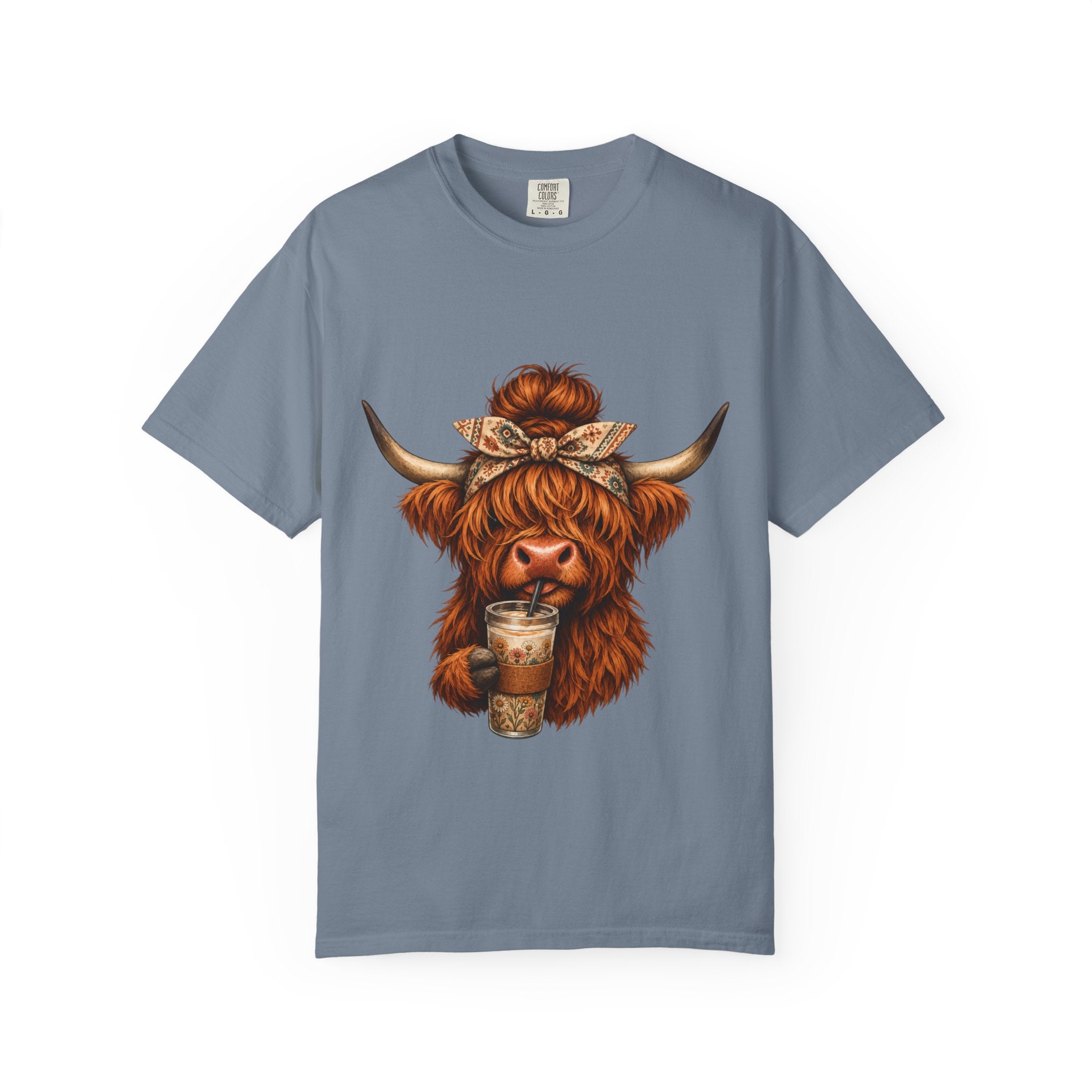 Highland Cow Coffee T-Shirt – Cute Scottish Cow Holding Coffee Graphic Tee