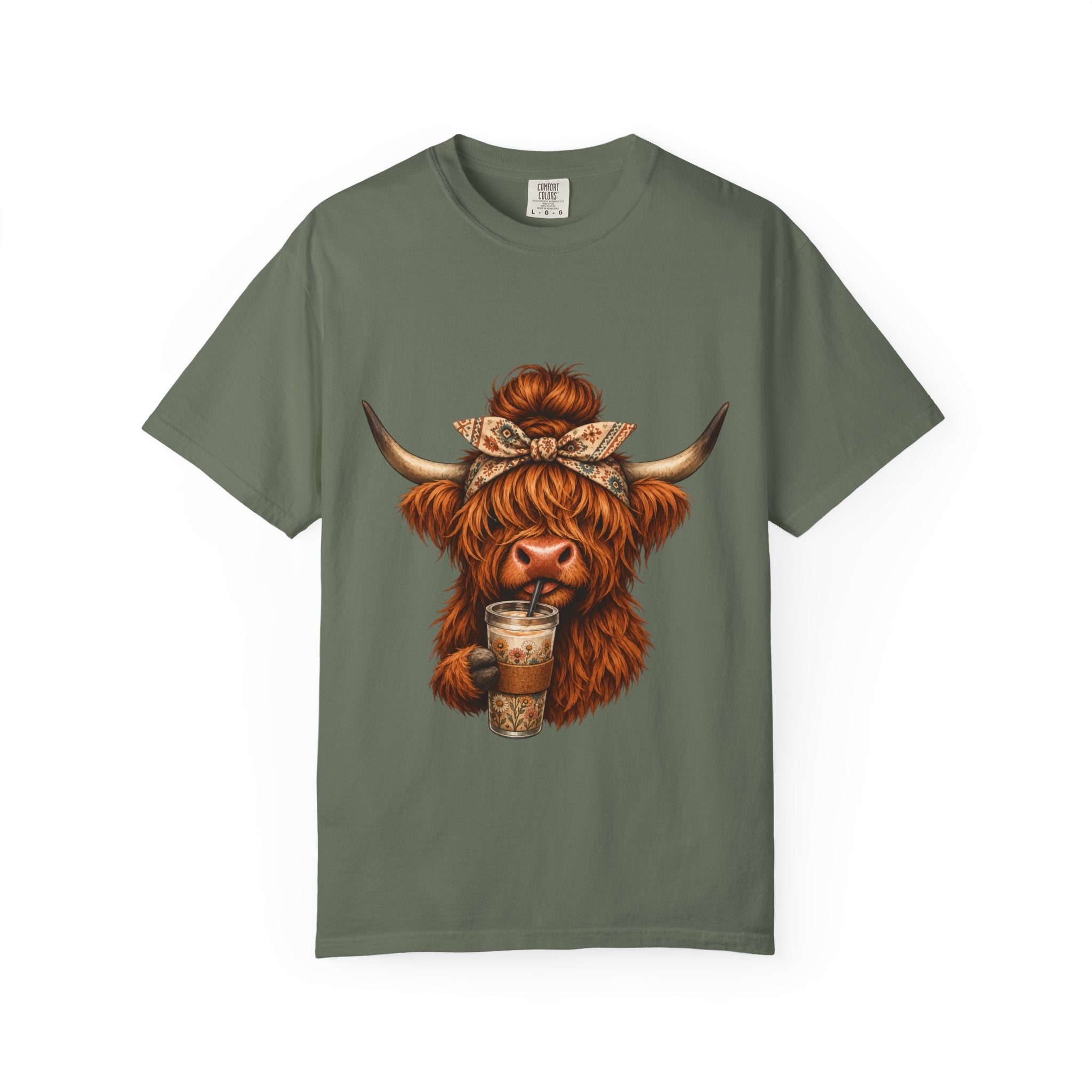 Highland Cow Coffee T-Shirt – Cute Scottish Cow Holding Coffee Graphic Tee