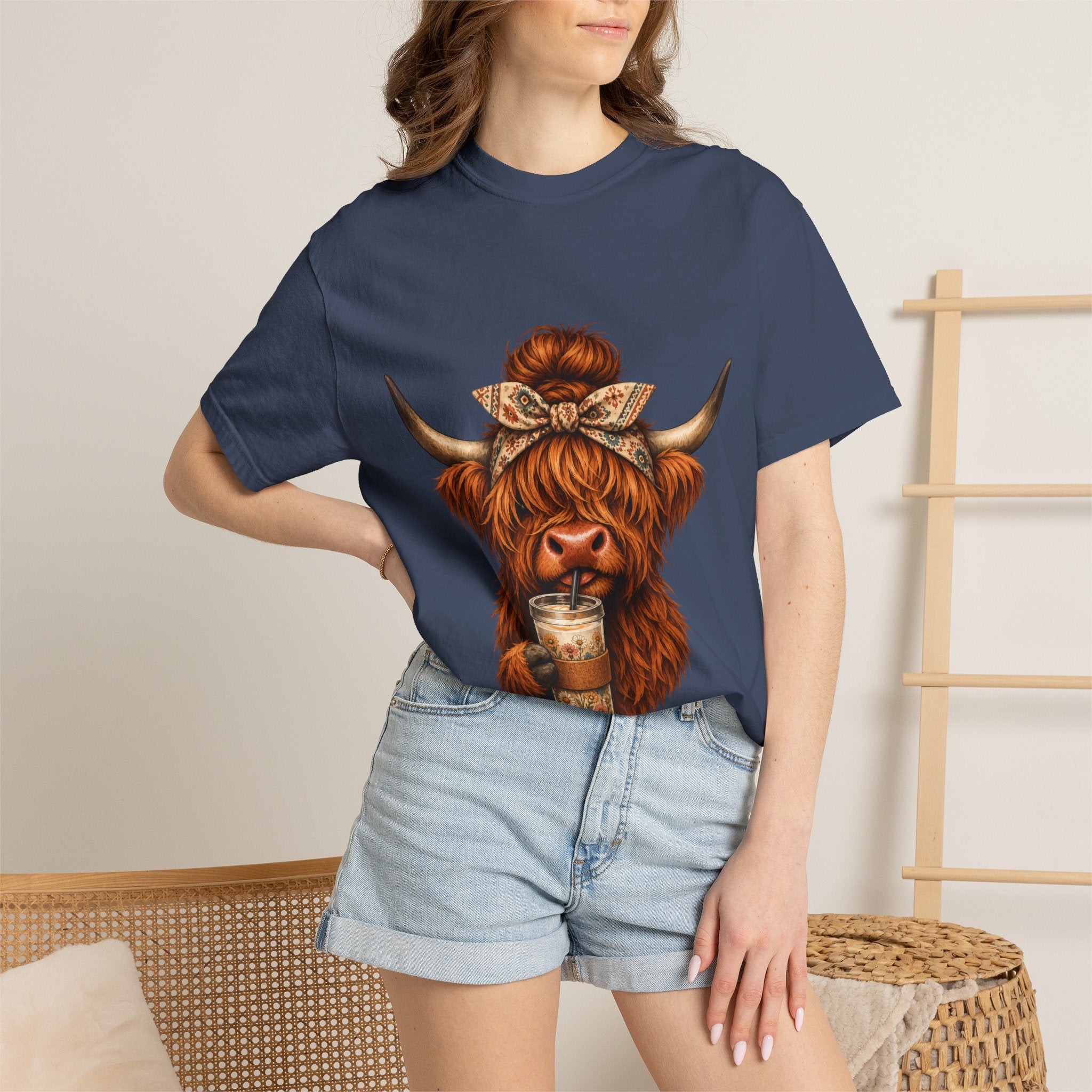 Highland Cow Coffee T-Shirt – Cute Scottish Cow Holding Coffee Graphic Tee