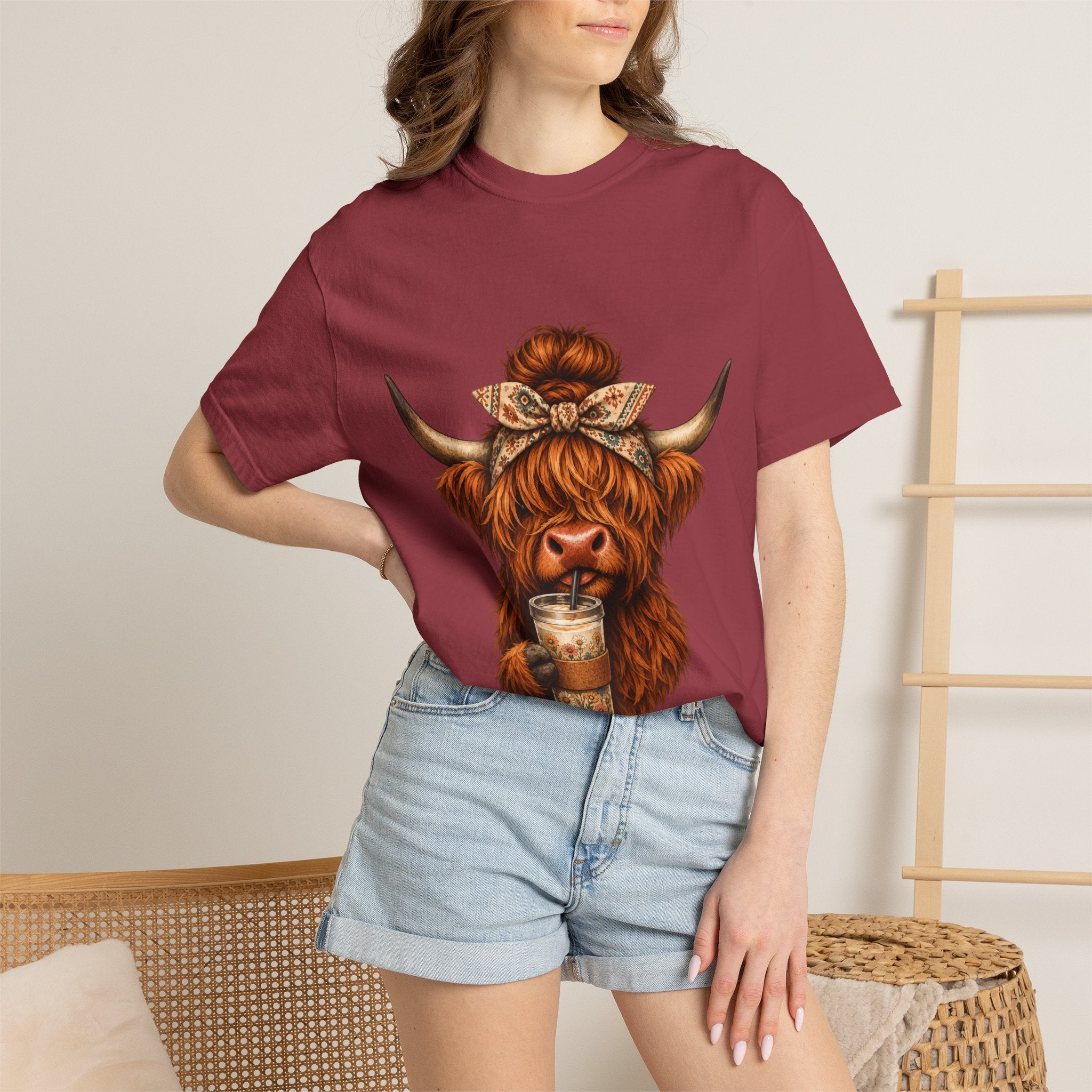 Highland Cow Coffee T-Shirt – Cute Scottish Cow Holding Coffee Graphic Tee