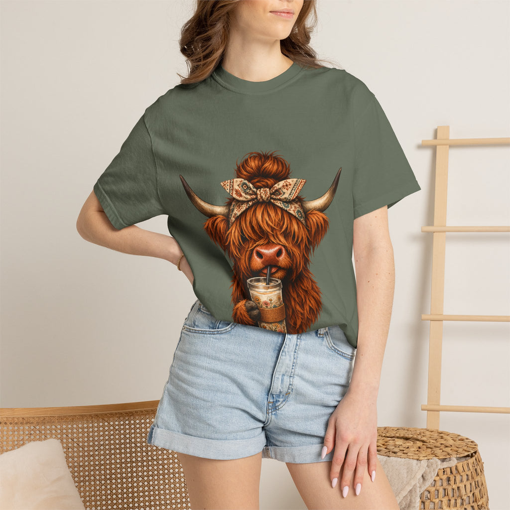 Highland Cow Coffee T-Shirt – Cute Scottish Cow Holding Coffee Graphic Tee