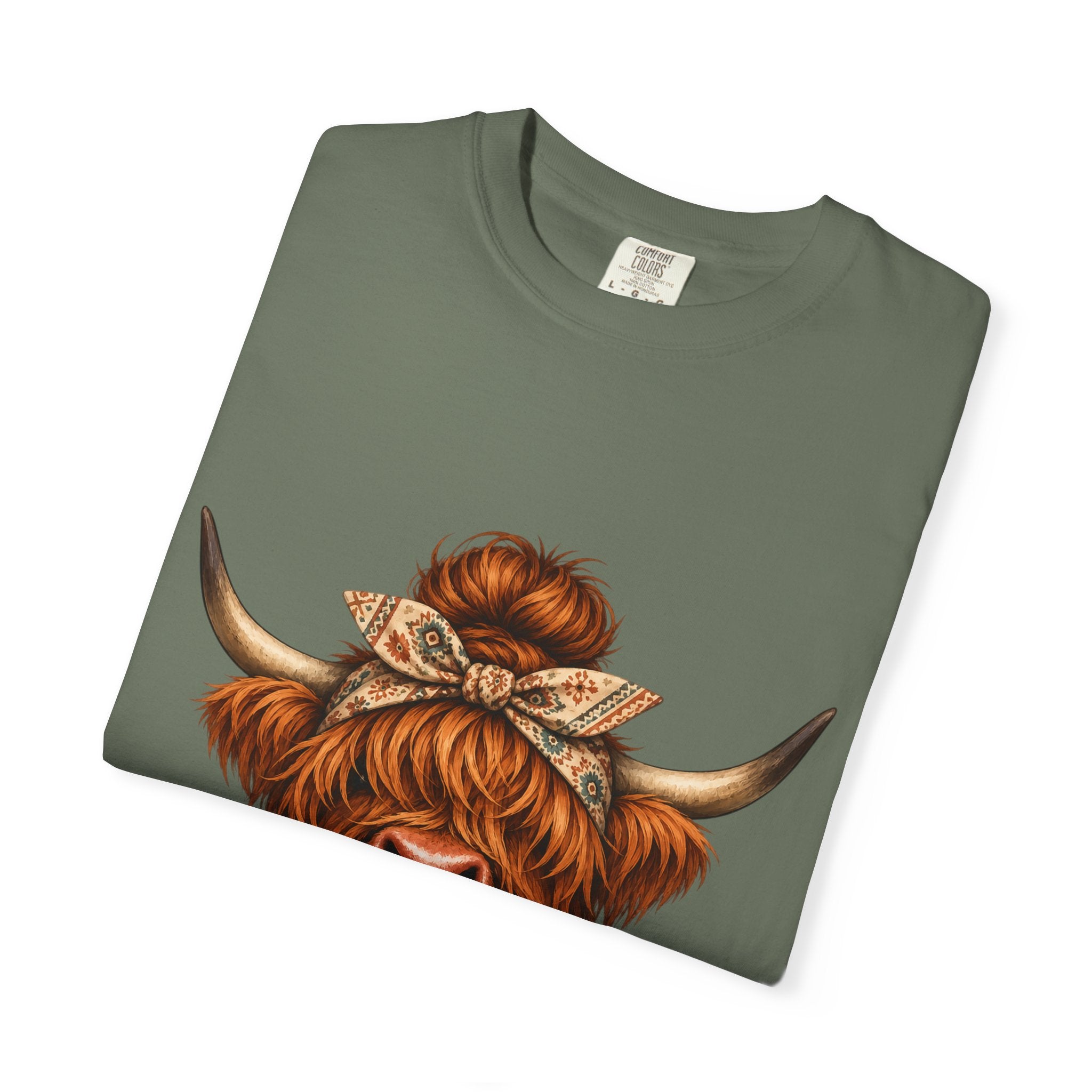 Highland Cow Coffee T-Shirt – Cute Scottish Cow Holding Coffee Graphic Tee