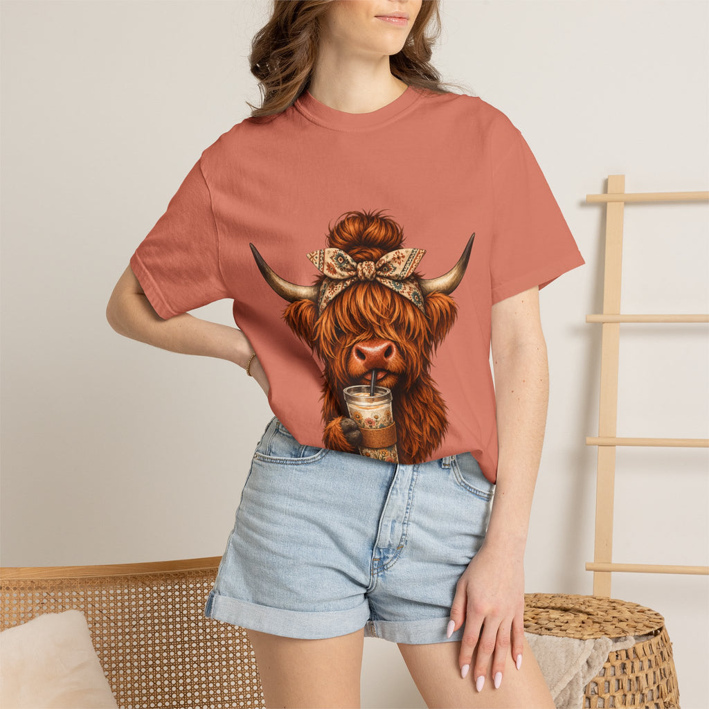 Highland Cow Coffee T-Shirt – Cute Scottish Cow Holding Coffee Graphic Tee