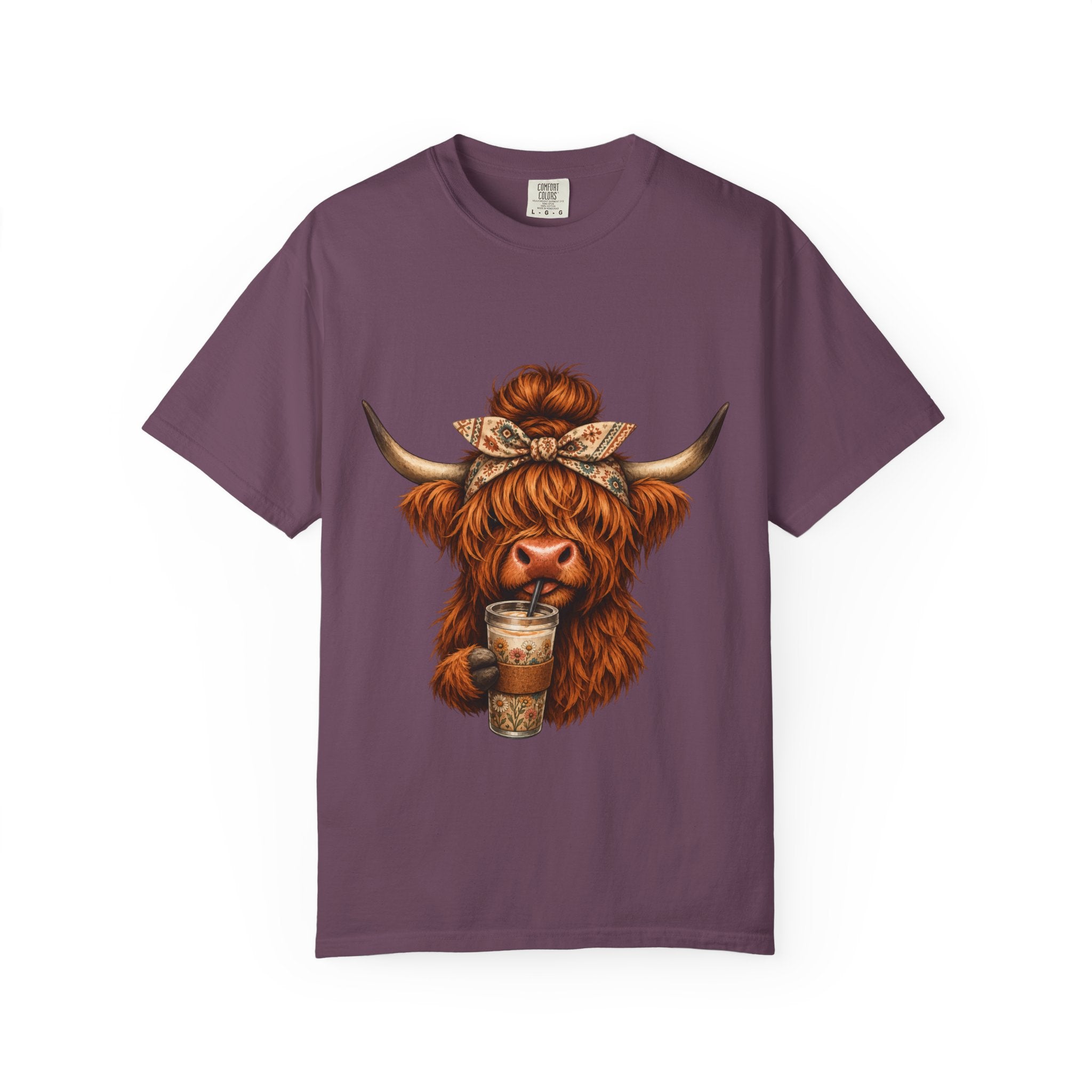 Highland Cow Coffee T-Shirt – Cute Scottish Cow Holding Coffee Graphic Tee