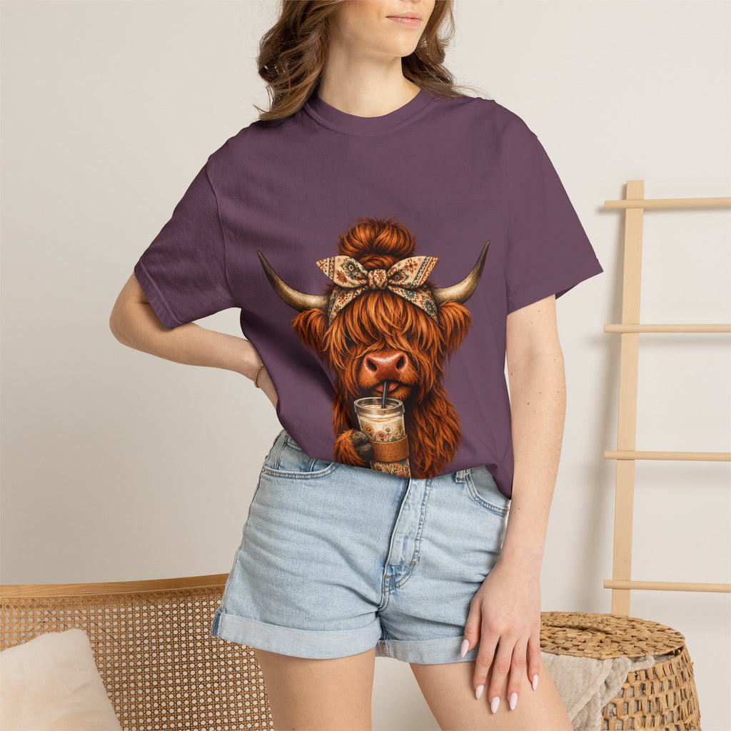 Highland Cow Coffee T-Shirt – Cute Scottish Cow Holding Coffee Graphic Tee