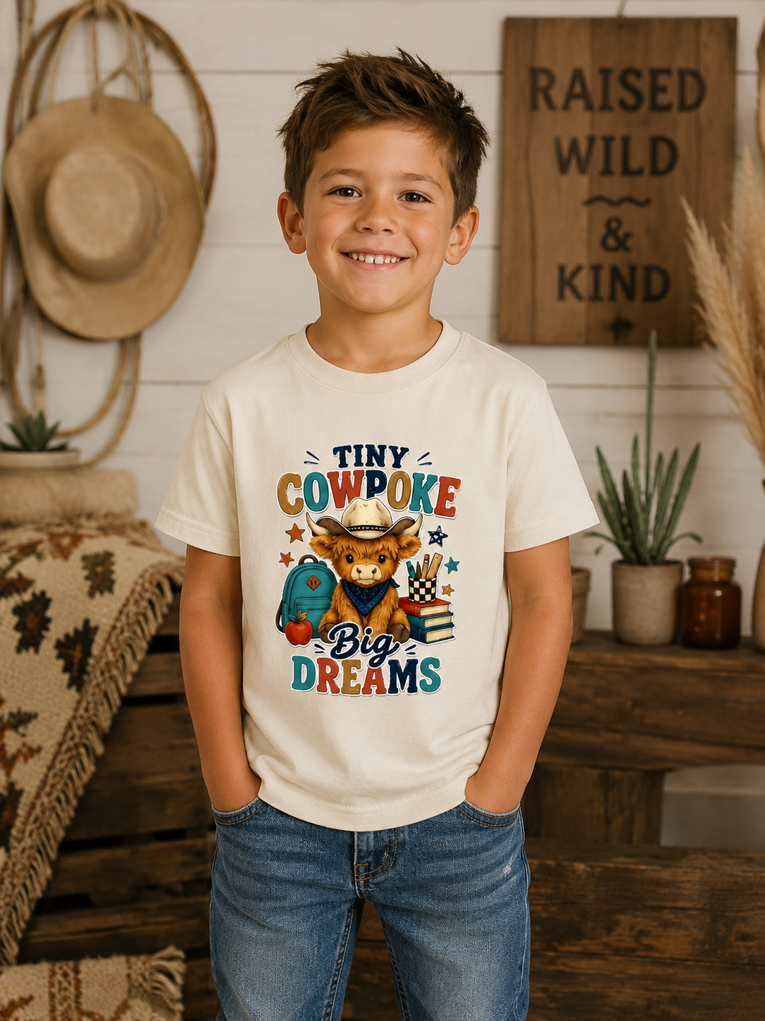 Tiny Cowpoke, Big Dreams | Western Back-to-School Graphic Tee (Boy)