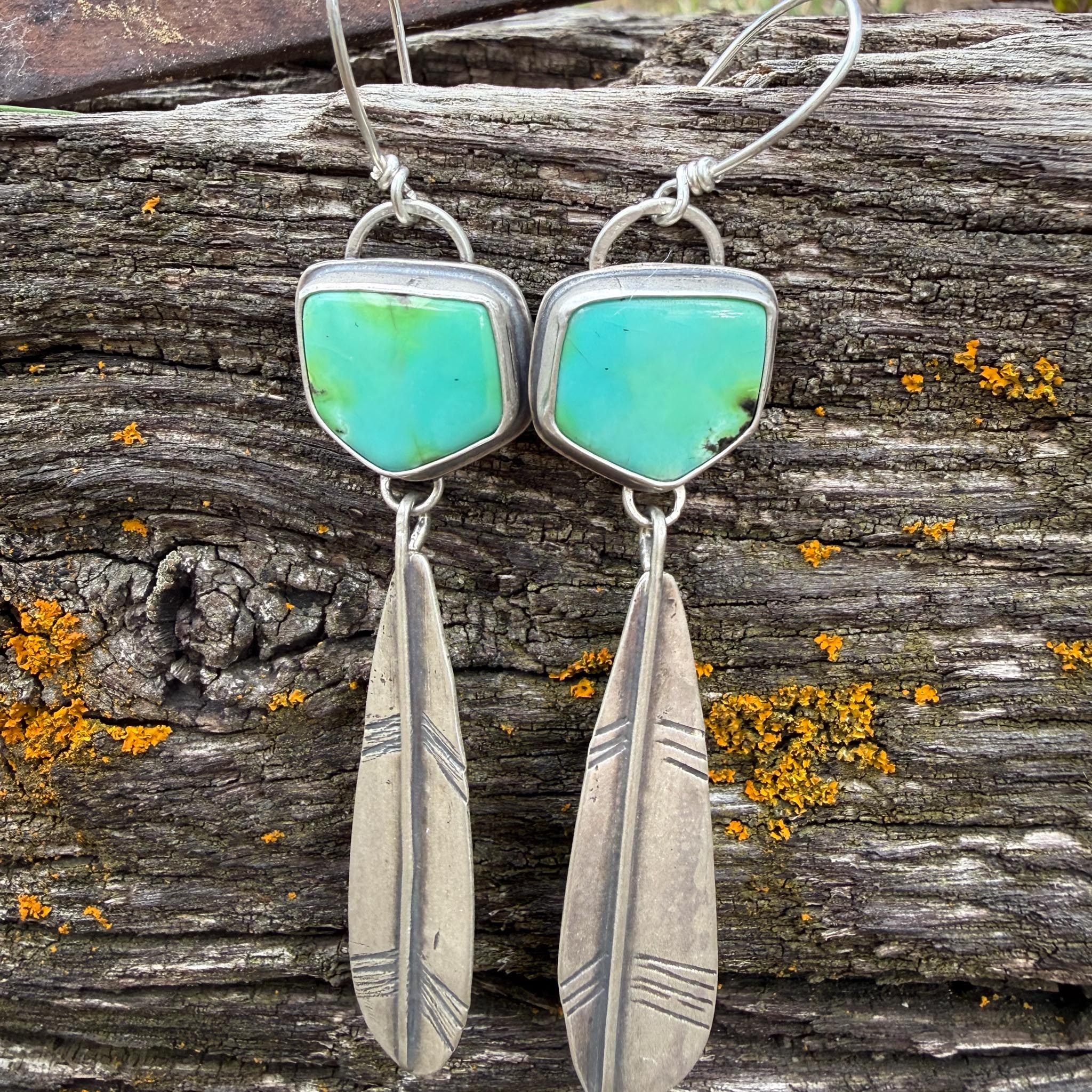 Sonoran Gold Turquoise Feather Earrings | Sterling Silver Dangle Earrings | Handmade in Durango Colorado