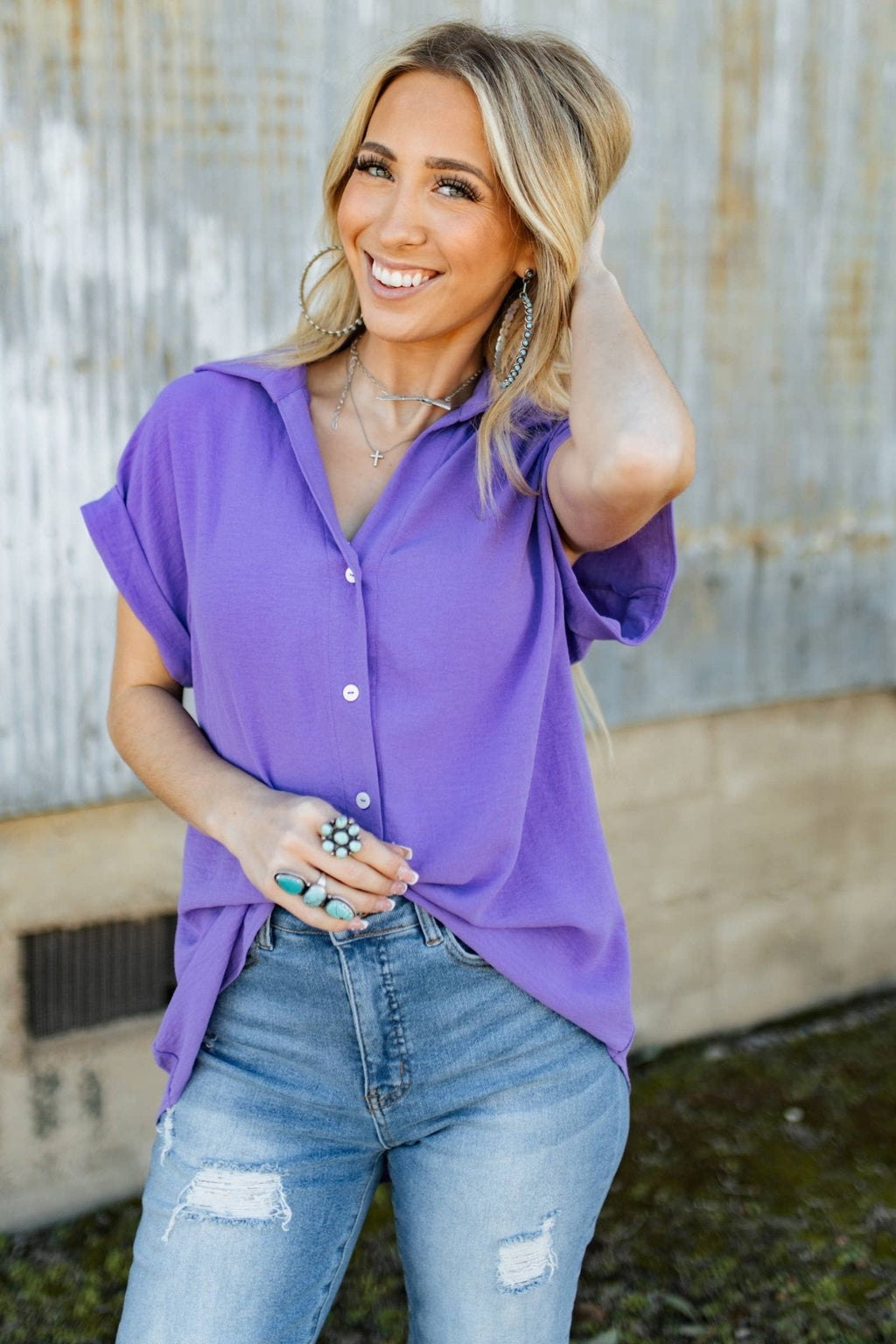 Pleated Button Up Woven Top - medium and large remain