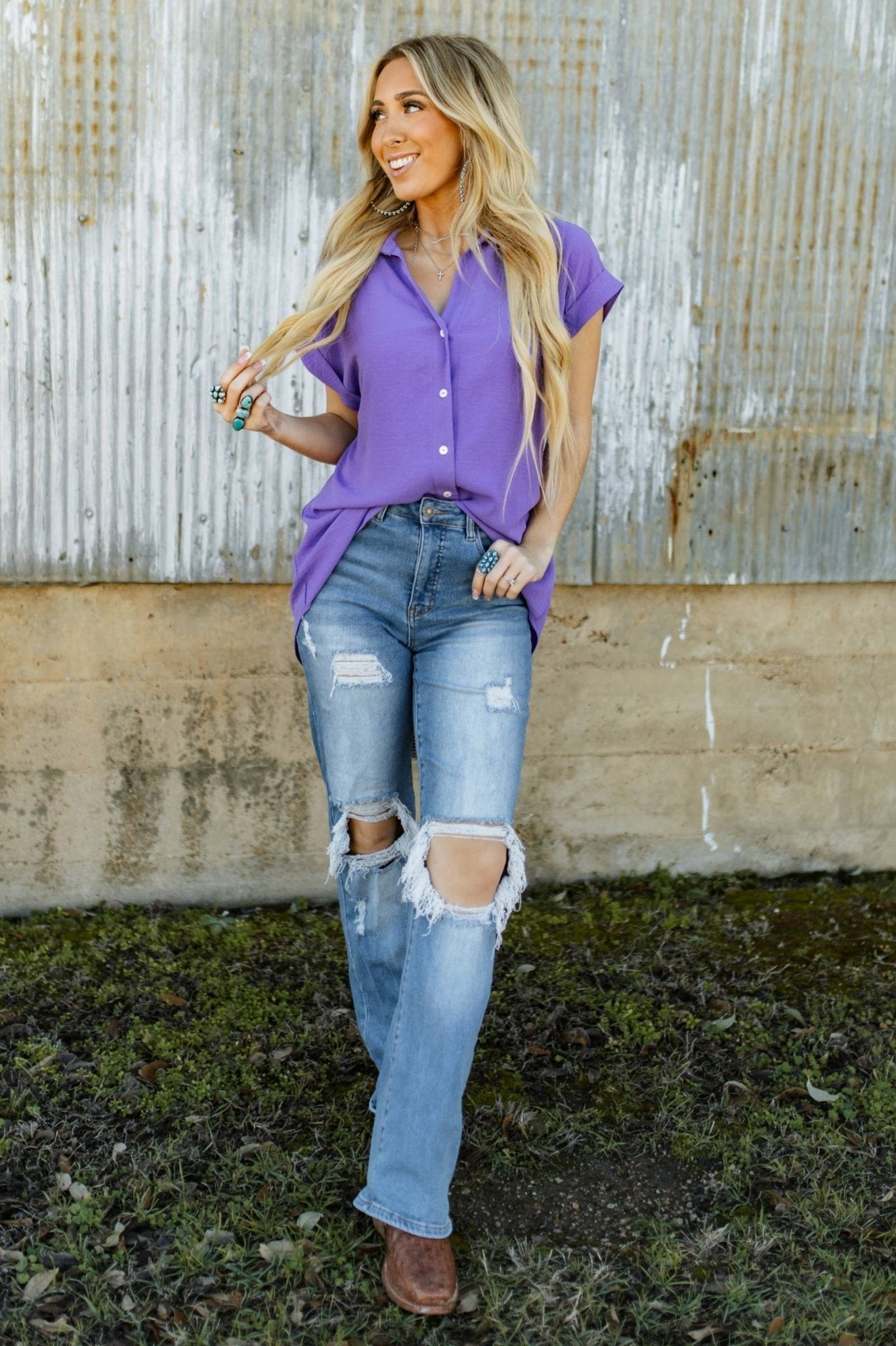 Pleated Button Up Woven Top - medium and large remain