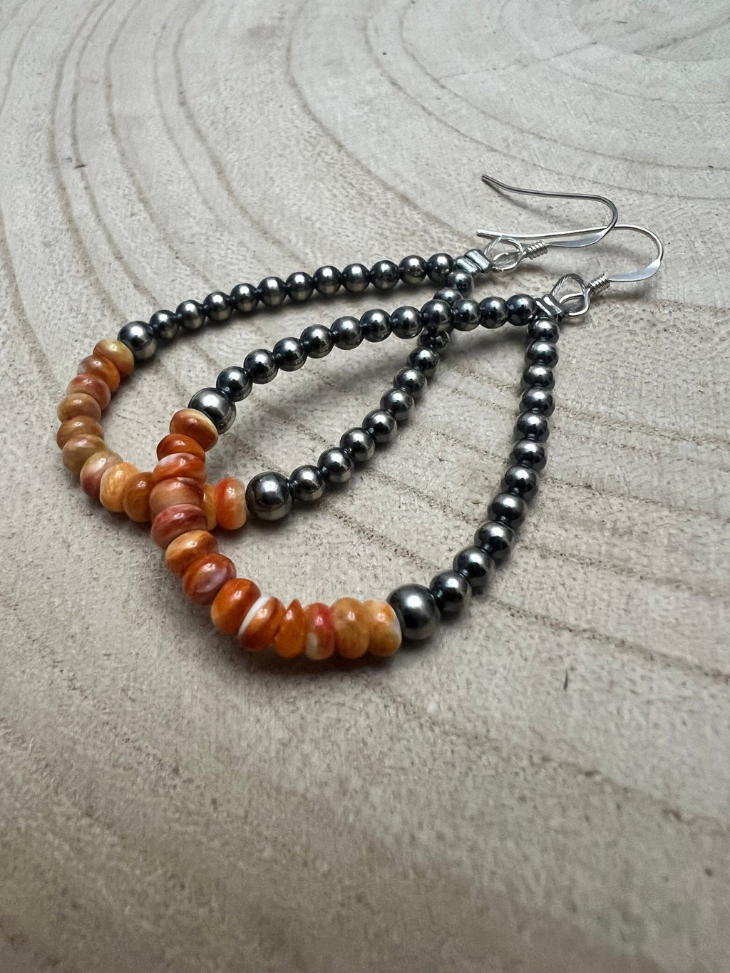 Sterling Silver Pearl & Orange Spiny Oyster Teardrop Earrings - 2 1/2 inch drop