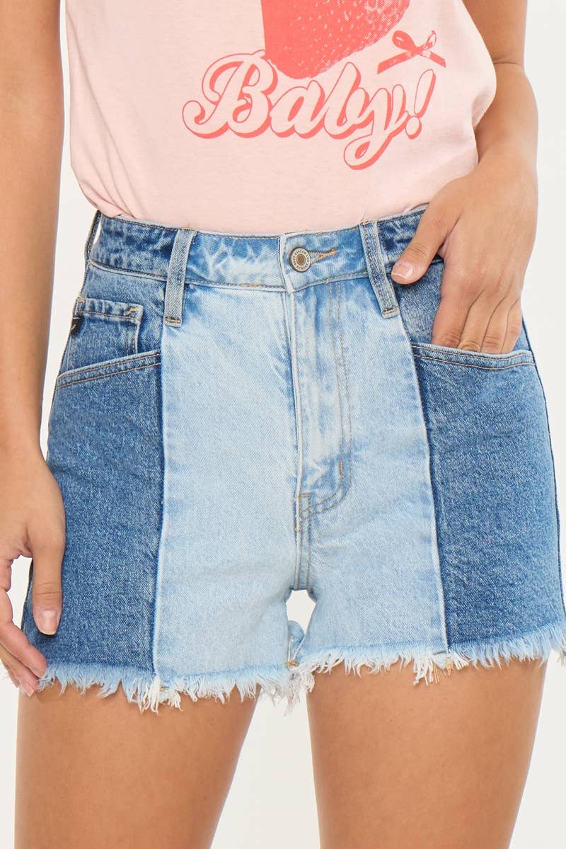 Kan Can Two-Tone Color Block Ultra High-Rise Denim Shorts