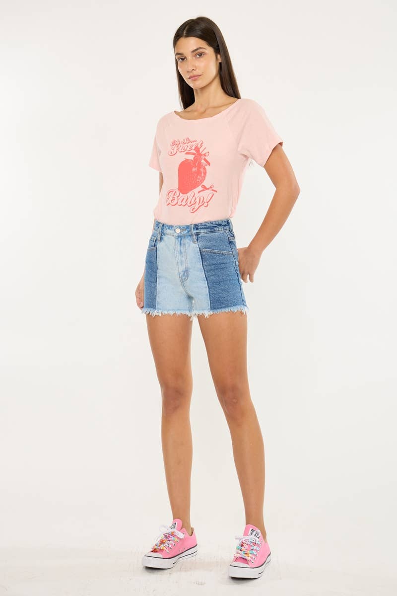 Kan Can Two-Tone Color Block Ultra High-Rise Denim Shorts